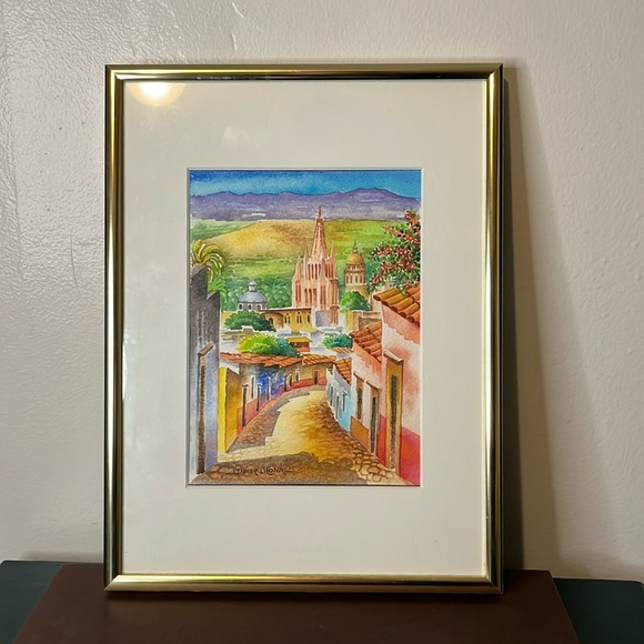 An Original Javier Licona Cityscape Watercolor Painting in Gold Metal Frame - Picture 1 of 6